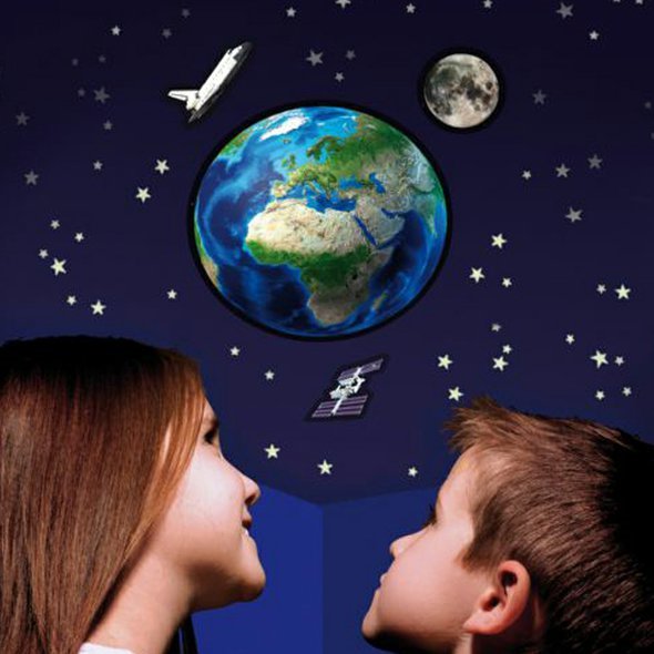 3D Země, Měsíc a raketoplán - ve tmě svítící nalepovací dekorace